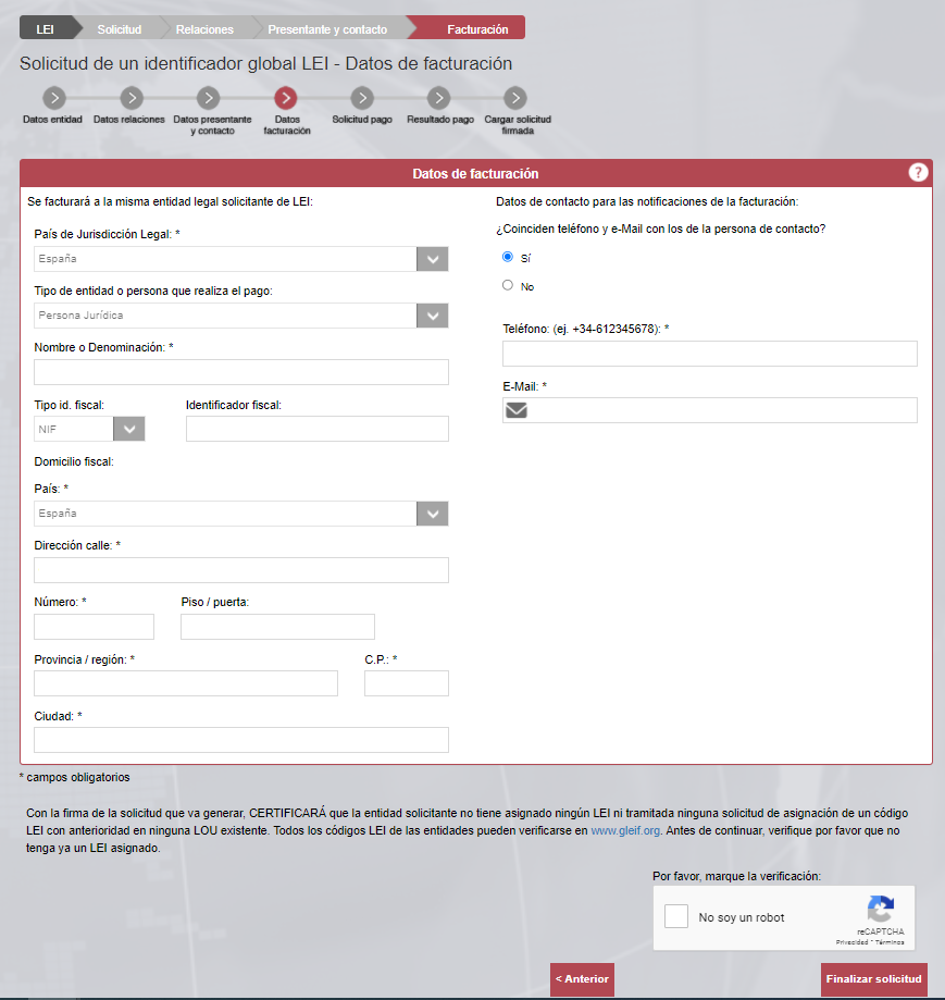 Datos facturación código LEI